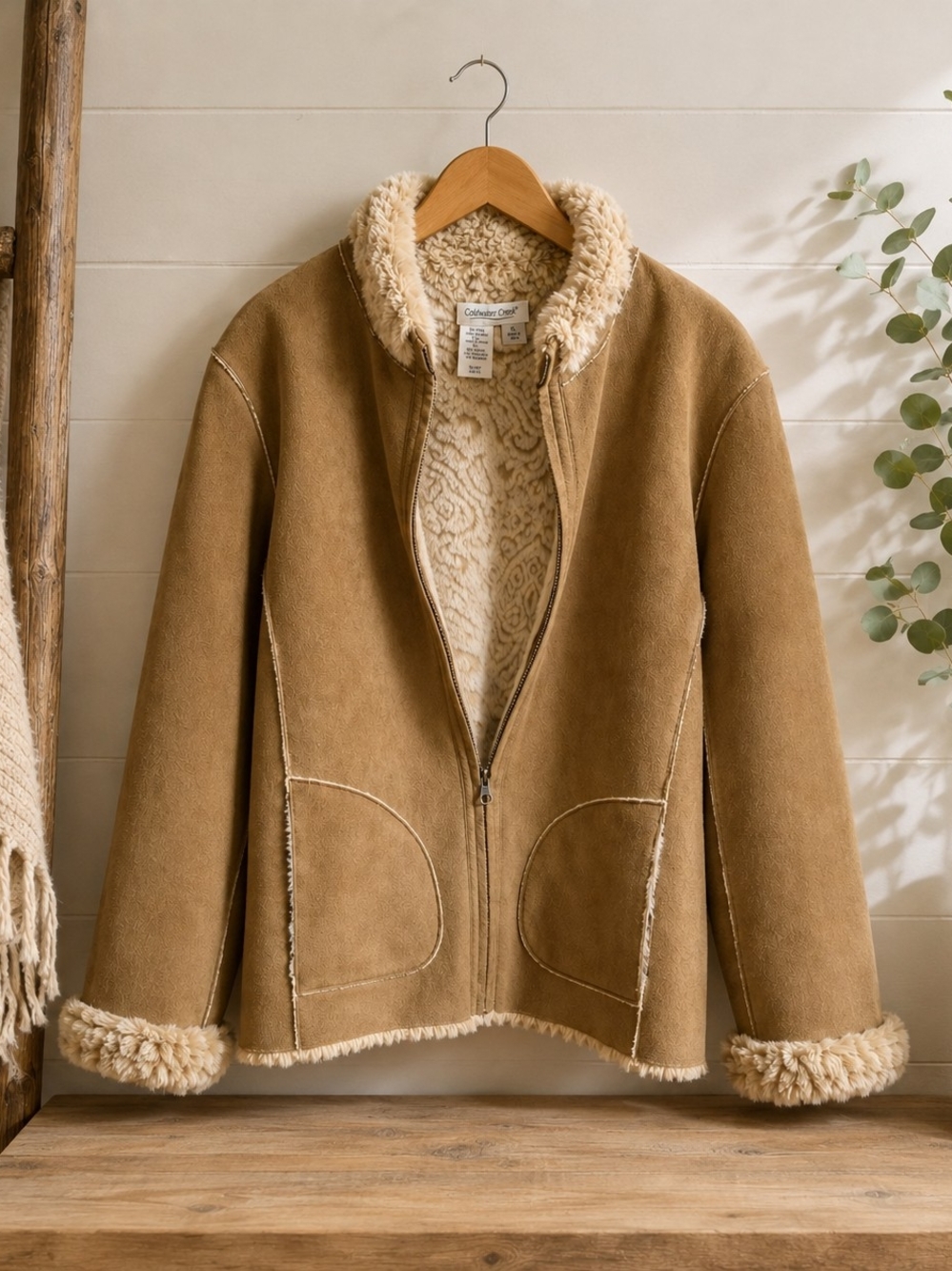 Coldwater Creek Faux Suede Shearling Jacket Tan Plush Lined PL
